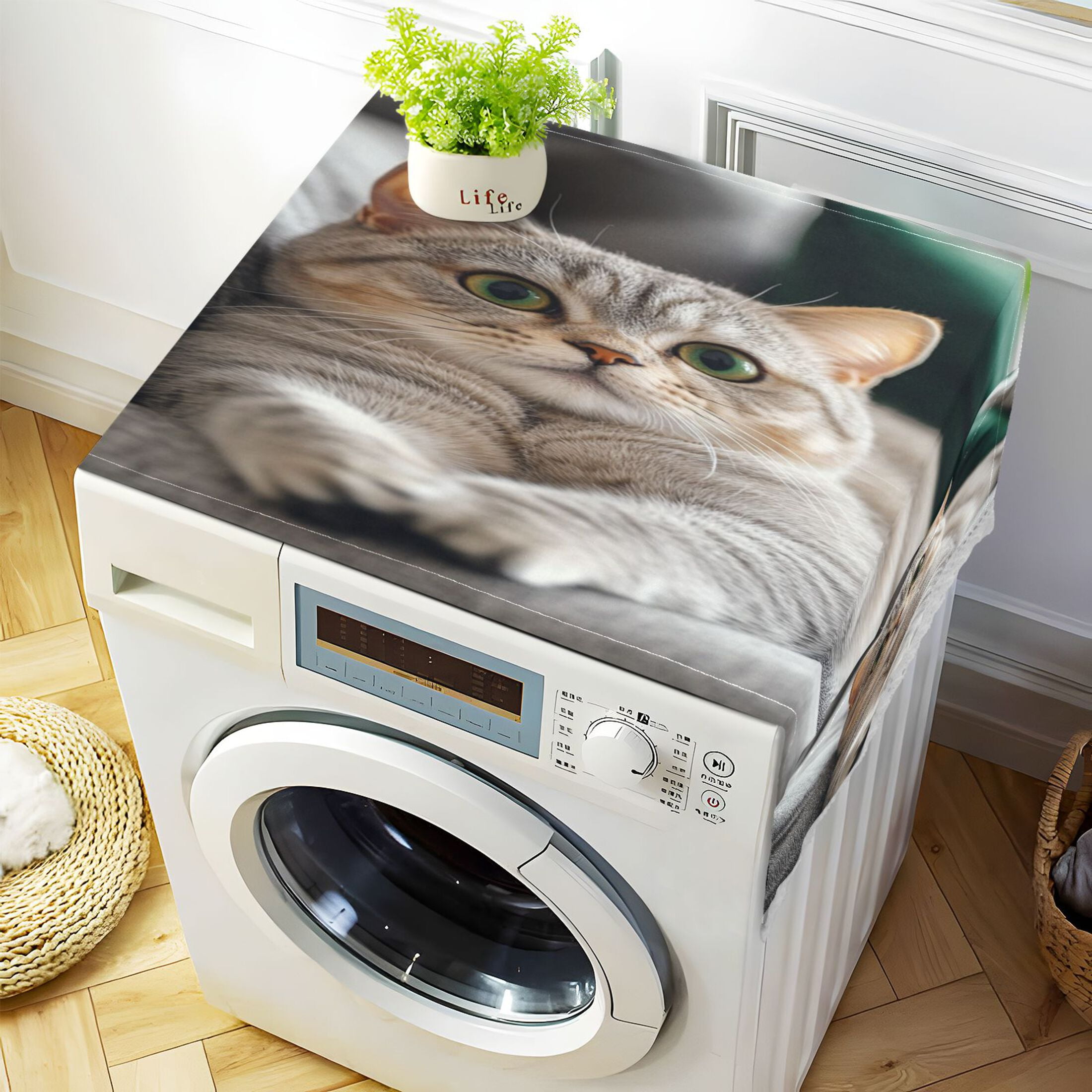 Cute English Shorthair CatWasher and Dryer Covers Dust-Proof and Oil Resistant Fridge Cover with 4 Storage Pockets Washing Machine Top Cover for Laundry Kitchen Home 51.2 x 22 In