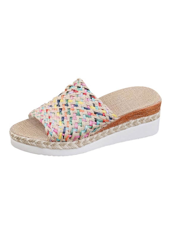 Women's Espadrille Wedge Sandals Summer Beach Platform Raffia Slides