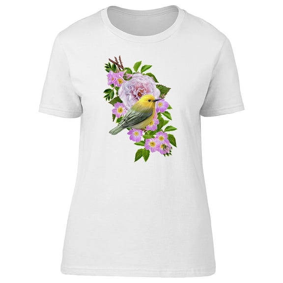 Cute Exotic Bird & Pink Flowers T-Shirt Women -Image by Shutterstock, Female Medium