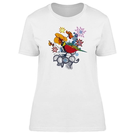 Cute Exotic Colorful Floral Bird T-Shirt Women -Image by Shutterstock, Female Medium