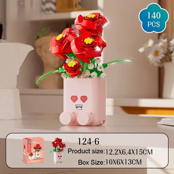 Cute Expression Potted Flower Building Blocks Kit, DIY Botanical Brick Model with Sunflowers & Roses, Mini Assembly Ornament, Perfect Holiday Gift for Kids