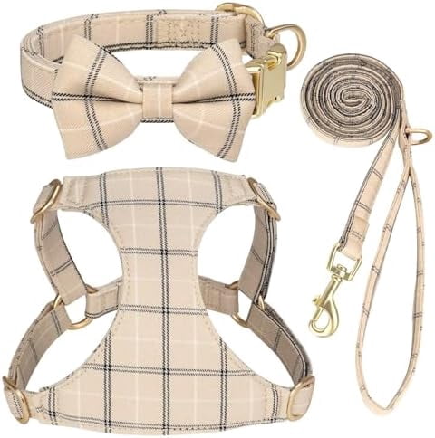 Cute Extra Small Dog Harness Collar and Leash Set with Bowtie, Soft Adjustable Plaid Puppy Harness for Small Sized Dogs Cats Walks Parties and Photoshoots(Beige,XS:Chest 13-18")