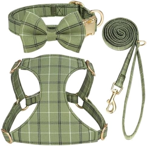 Cute Extra Small Dog Harness Collar and Leash Set with Bowtie, Soft Adjustable Plaid Puppy Harness for Small Sized Dogs Cats Walks Parties and Photoshoots(Green,XXS:Chest 12-14")