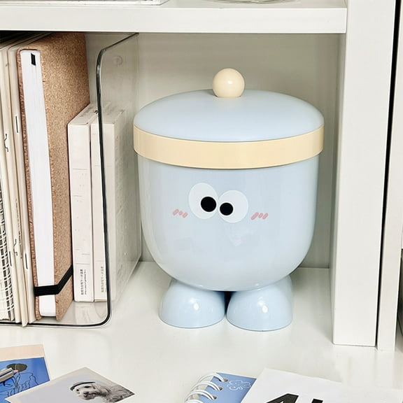 Cute Face Desktop Trash Can with Lid, Adorable Small Garbage Bin for Office Desk, Bedroom, and Kids Room, Fun Cartoon Design Mini Wastebasket(Blue)