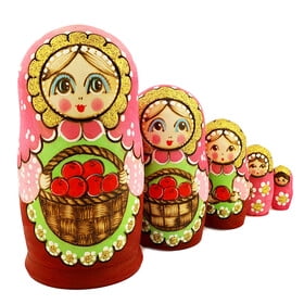 Cute Face Matryoshka Holding Basket of Apples - 5 Nesting Doll - Hand Carved Hand Painted 5 1/2 inch Tall