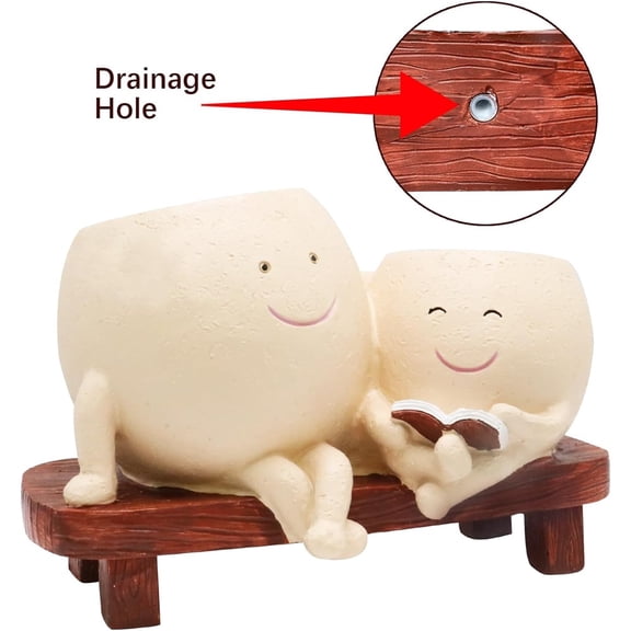 Cute Face Planter Pot - Funny Double Head Planter Sitting on Bench, Smiley Succulent Pot with Drainage Indoor and Outdoor, Unique Gift for Plant Lovers(Light Brown)