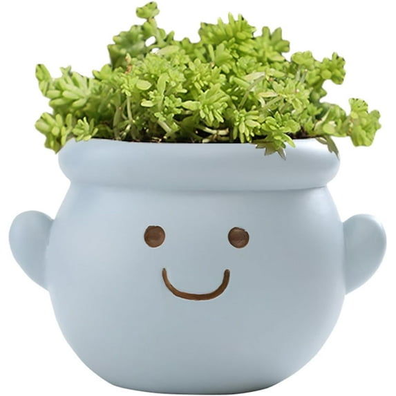 Cute Face Planter Pot, Small Resin Head Planters for Indoor Plants, Funny Smiling Face Flower Pot Succulent Planter with Drainage Hole, Gift IdeaI for Birthday Christmas (Blue)
