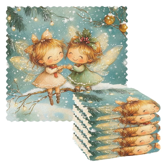 Cute Fairies in Christmas Dish Cloths Dish Towels Cleaning Cloths Quick Drying Reusable 11" x 11" Set of 6