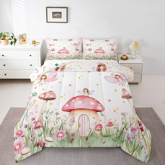 Cute Fairy Bedding Set Twin Size,Pink Mushroom Fairy Comforter Set Room Decor,Colorful Floral Quilt Bed Set Kawaii Princess Love Bed Comforter Sets with 1 Pillowcase