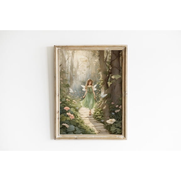 Cute Fairy Girl Walking in Enchanted Spring Forest Illustration Wall Art, Unframed Paper Poster 8x10in