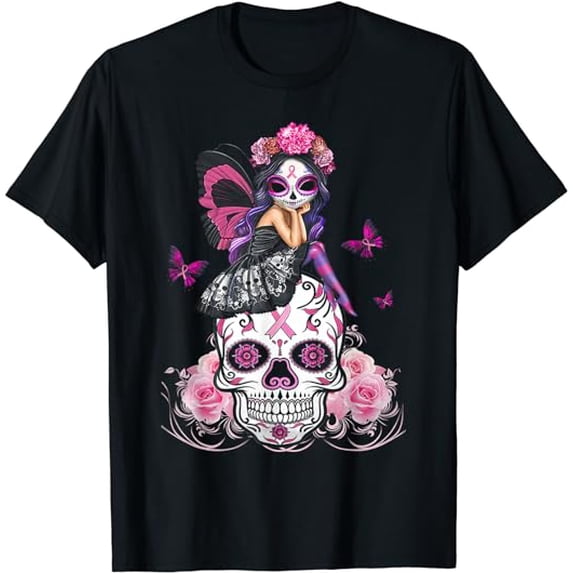 Cute Fairy Sugar Skull Breast Cancer Butterfly Pink Ribbon T-Shirt