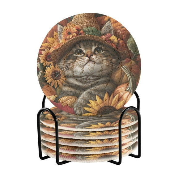 Cute Fall Cat Drink Coasters with Holder Absorbent Coaster for Coffee Table Room Decor 6 Pack