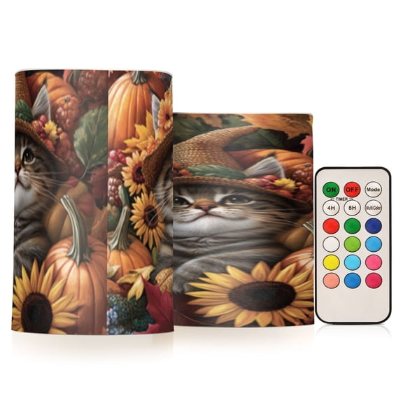Cute Fall Cat Flickering Flameless Candles Battery Operated with Remote Timer LED Pillar Candles Set of 2