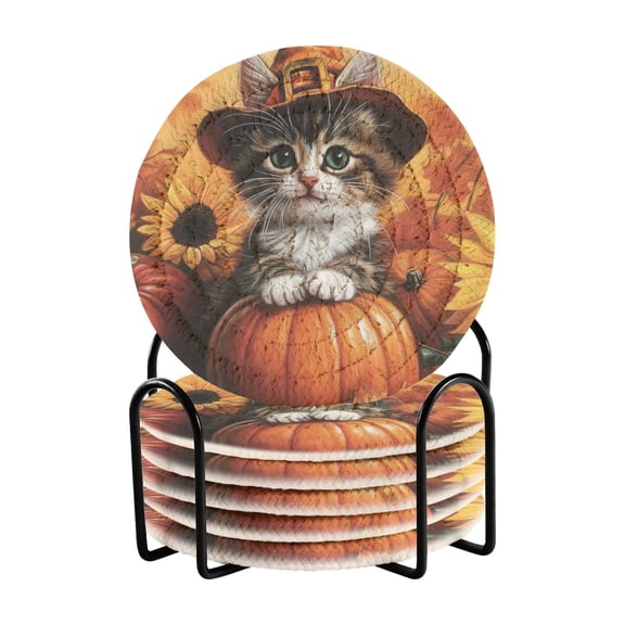 Cute Fall Cat and Pumpkin Drink Coasters with Holder Absorbent Coaster for Coffee Table Room Decor 6 Pack