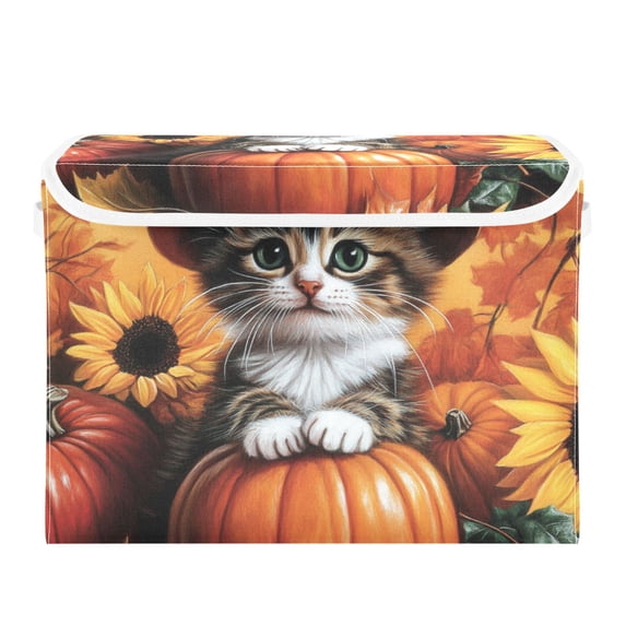 Cute Fall Cat and Pumpkin Large Storage Bins with Linen Collapsible Lid Storage Box 16.7 x 12.6 x 11.8in