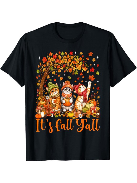 Cute Fall Cats Pumpkins Autumn Leaves Graphic It S Fall Yall Unisex Casual Seasonal Holiday Gift Cotton Men S Women S Tee Shirt