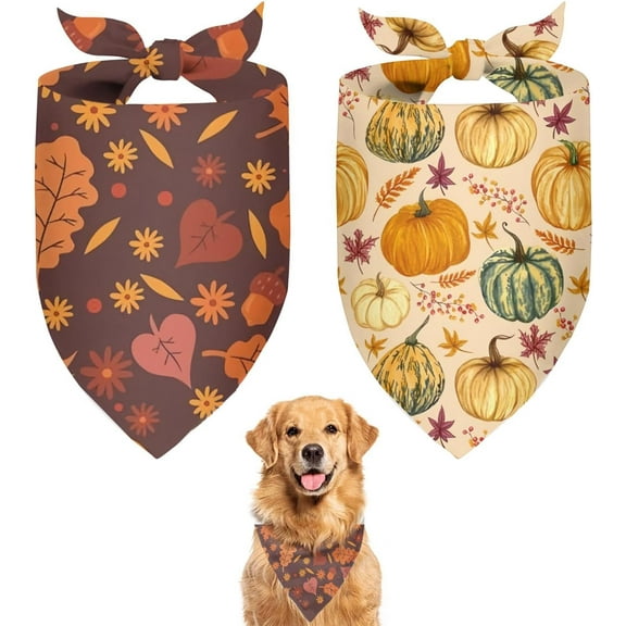Cute Fall Dog Bandanas 2 Pack, Autumn Hello Fall Hey Pumpkin Maple Leaves Dog Scarf, Thanksgiving Handkerchief Scarves Gifts for Puppy Large Dogs