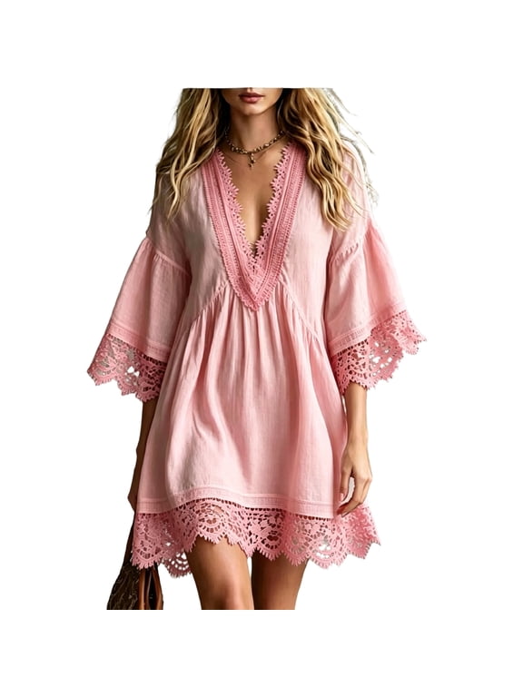 Cute Fall Dresses V Neck 3/4 Sleeve Solid Oversized Dresses Boho Lace Trim Elegant Business Casual Travel Mini Dresses Pink 2XL