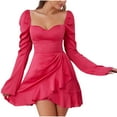 thumbnail image 1 of Cute Fall Dresses for Womens Fashion Off Shoulder/Square Neck Ruched Bell Long Sleeve Ruffle A Line Mini Dress (S, Hot Pink), 1 of 6