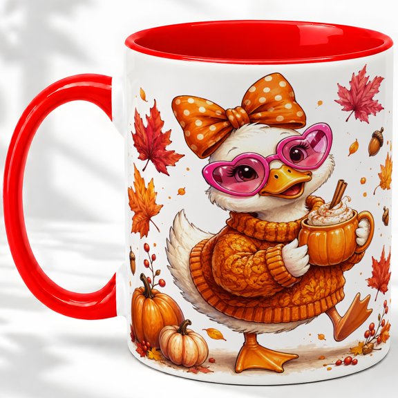 Cute Fall Duck Ceramic Mug, 11oz Mug with Pumpkin Cup Artwork Ceramic mug with cheerful duck, orange sweater, heart sunglasses, leaves, and pumpkins for coffee or tea