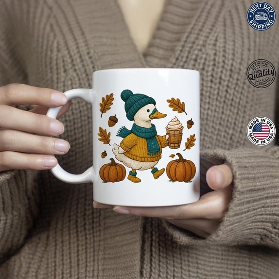 Cute Fall Duck Mug, Cozy Autumn Coffee Cup, Pumpkin Patch Duck Mug, Trendy Thanksgiving Gift