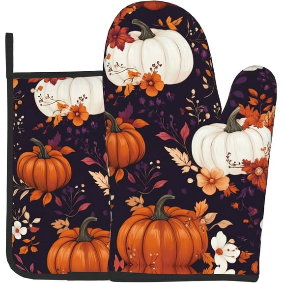Cute Fall Floral Pumpkins Oven Mitts Pot Holders,Heat Resistant Cooking Gloves Washable,Spring Country Oven Gloves for Kitchen Baking BBQ,Fall Floral Pumpkins, Set of 2