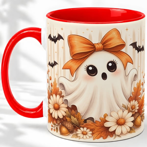 Cute Fall Ghost 11oz Ceramic Mug, Autumn Halloween Artwork Ceramic mug with bow ghost, bats, daisies, acorns, and orange autumn leaves for seasonal coffee or tea