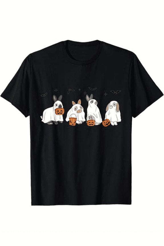 Cute Fall Ghost Bunny Rabbit Halloween Costume Spooky Season T-Shirt, 100% Cotton, Gifts for Men Dad Husband Grandpa, S to XXXL, Black