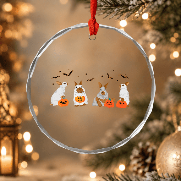 Cute Fall Ghost Bunny Rabbit Halloween Season Ornament, Festive Fright Decor, Circle Glass Ornament