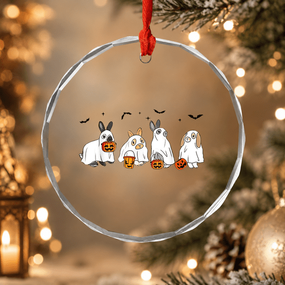 Cute Fall Ghost Bunny Rabbit Halloween Season Ornament, Festive Fright Decor, Circle Glass Ornament