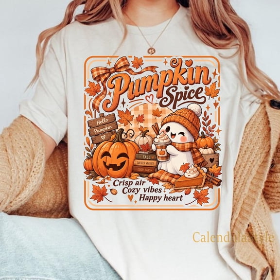 Cute Fall Ghost Cat Shirt, Pumpkin Spice Coffee, Cozy Autumn Tee, Cozy Holiday Gift for Her, Fall Coffee Lover Gift, Cozy Ghost