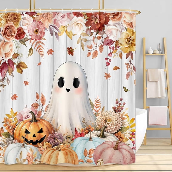 Cute Fall Ghost Pumpkin Shower Curtain,Boho Floral Autumn Halloween Ghost Bath Curtain, Watercolor Pastel Pumpkins on Wood, Cozy Thanksgiving Harvest Season Waterproof Fabric Bathroom Decor 36X72IN
