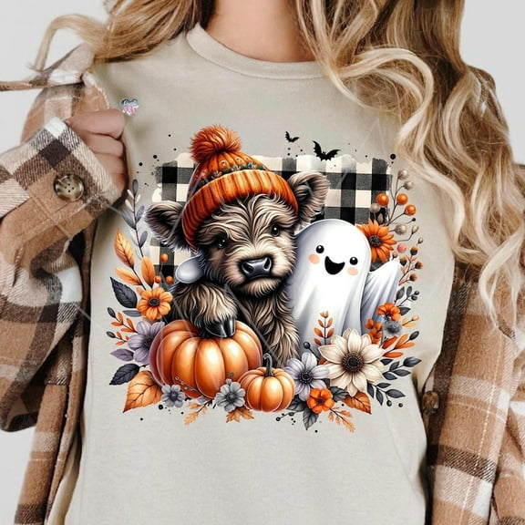 Cute Fall Highland Cow Ghost Shirt, Season Autumn Cow Shirt, Halloween Pumpkin Spice Shirt, Boo Ghost Sublimation Shirt