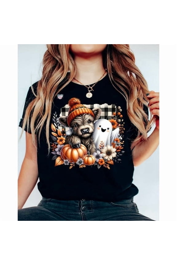 Cute Fall Highland Cow Ghost T-shirt, Spooky Season Autumn Cow T-shirt, Halloween Pumpkin Spice T-shirt, Boo Ghost T-shirt.