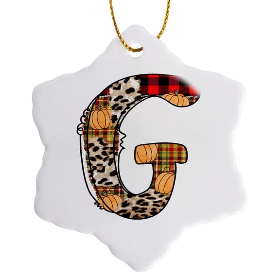 3drose, Cute Fall Patchwork Monogram Initial G, 3 inch Snowflake Porcelain Ornament