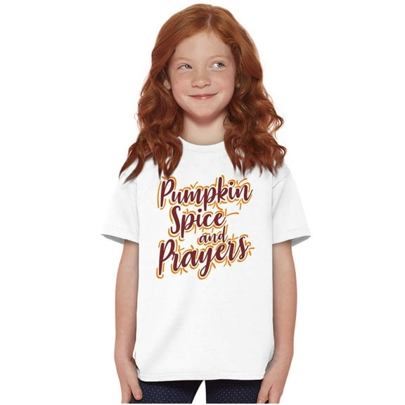Cute Fall Pumpkin Spice and Prayers Girls Kids T Shirt Tees Teen Brisco Brands S