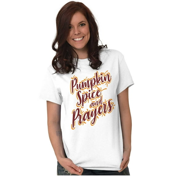 Cute Fall Pumpkin Spice and Prayers Women's Plus Size Graphic Tee Brisco Brands 2X