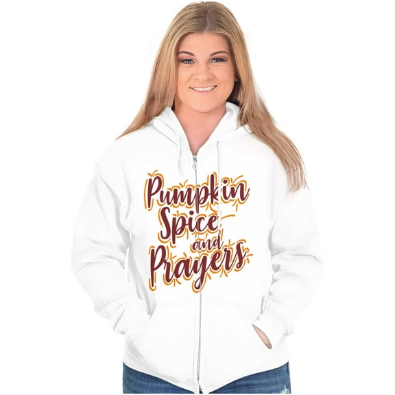 Cute Fall Pumpkin Spice and Prayers Womens Plus Size Graphic Zipper Hoodie Brisco Brands 5X