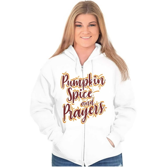 Cute Fall Pumpkin Spice and Prayers Womens Plus Size Graphic Zipper Hoodie Brisco Brands 5X