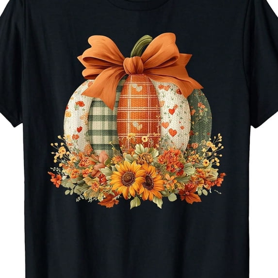 Cute Fall Pumpkin Sunflower T-Shirt for Women, Coquette Bow Autumn Shirt