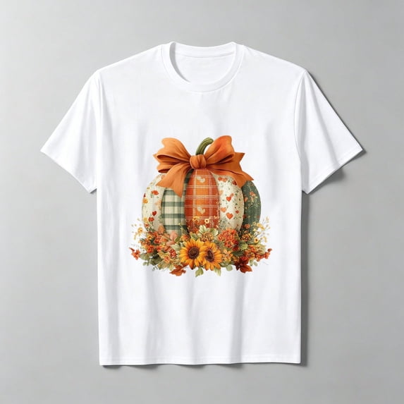 Cute Fall Pumpkin Sunflower T-Shirt for Women, Coquette Bow Autumn Shirt