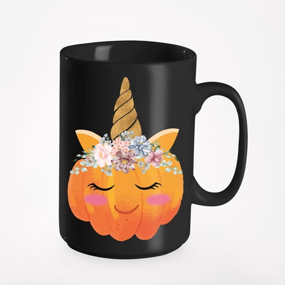 Cute Fall Unicorn Pumpkin Cup, Black 15oz Ceramic Mug