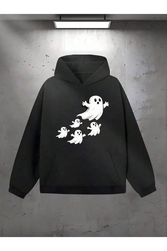 Cute Family Graphic Hoodie - Super Soft Lined Oversized Pullover With  Pocket, Long Sleeve Black Hoodie With White Ghost And Friendly Design, Suitable For Men And Women, Teenagers - Comfortable Autum