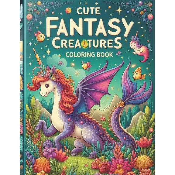 Cute Fantasy Creatures Coloring Book: Dragons, Unicorns, and Mermaids for Kids and Adults, (Paperback)