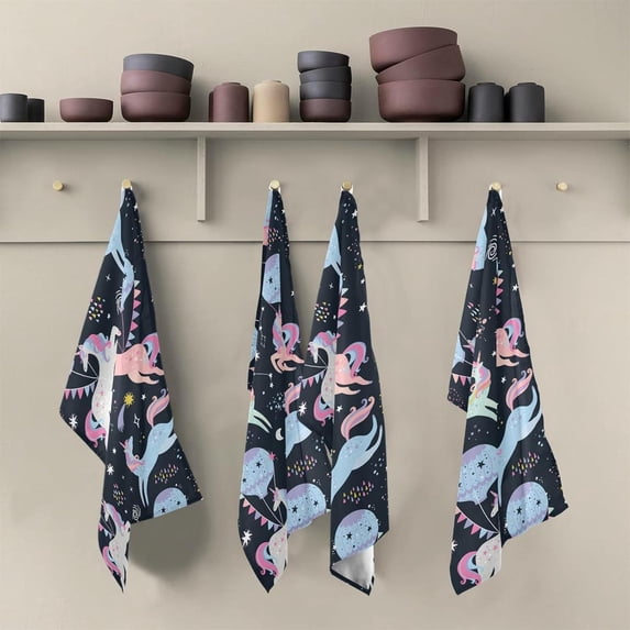 Cute Fantasy Unicorns Dish Towels Set of 6, Space Sky Washable Tea Towels Dishcloths Lint-Free 18x28 Inch Fast Drying for Kitchen Restaurant Bar Clean
