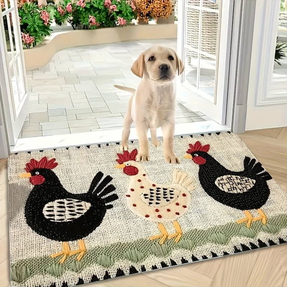 Cute Farm Animal Entryway Rug, Non-Slip Silicone Backed Doormat with Bunny, Chicken, Cow Print for Front Door Decor