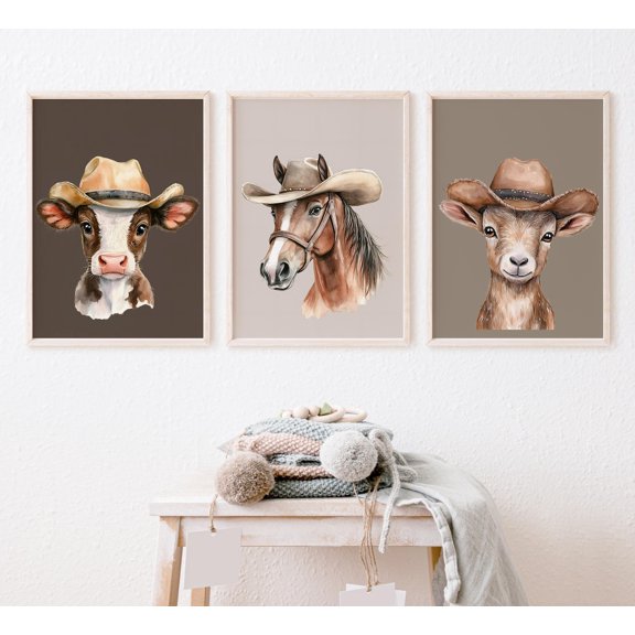 Cute Farm Animal Nursery Prints Farm Animals in Cowboy Hats Barnyard Theme Set 3 Stretched Canvas 12x18