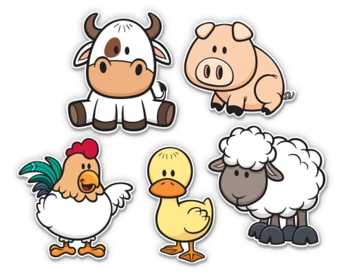 Cute Farm Animals Cartoon Set Cow Pig Rooster Duck Sheep - 10" Each Vinyl Stickers Waterproof Decals