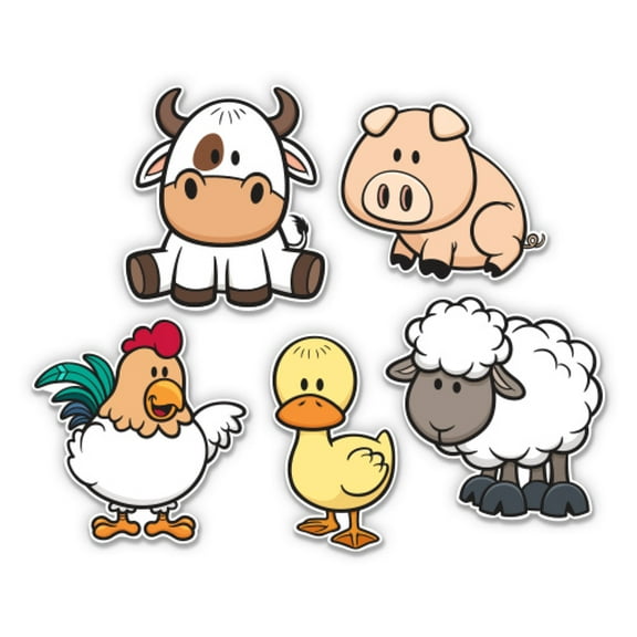 Cute Farm Animals Cartoon Set Cow Pig Rooster Duck Sheep - 2" Each Vinyl Stickers - For Car Laptop Water Bottle Phone - Waterproof Decals