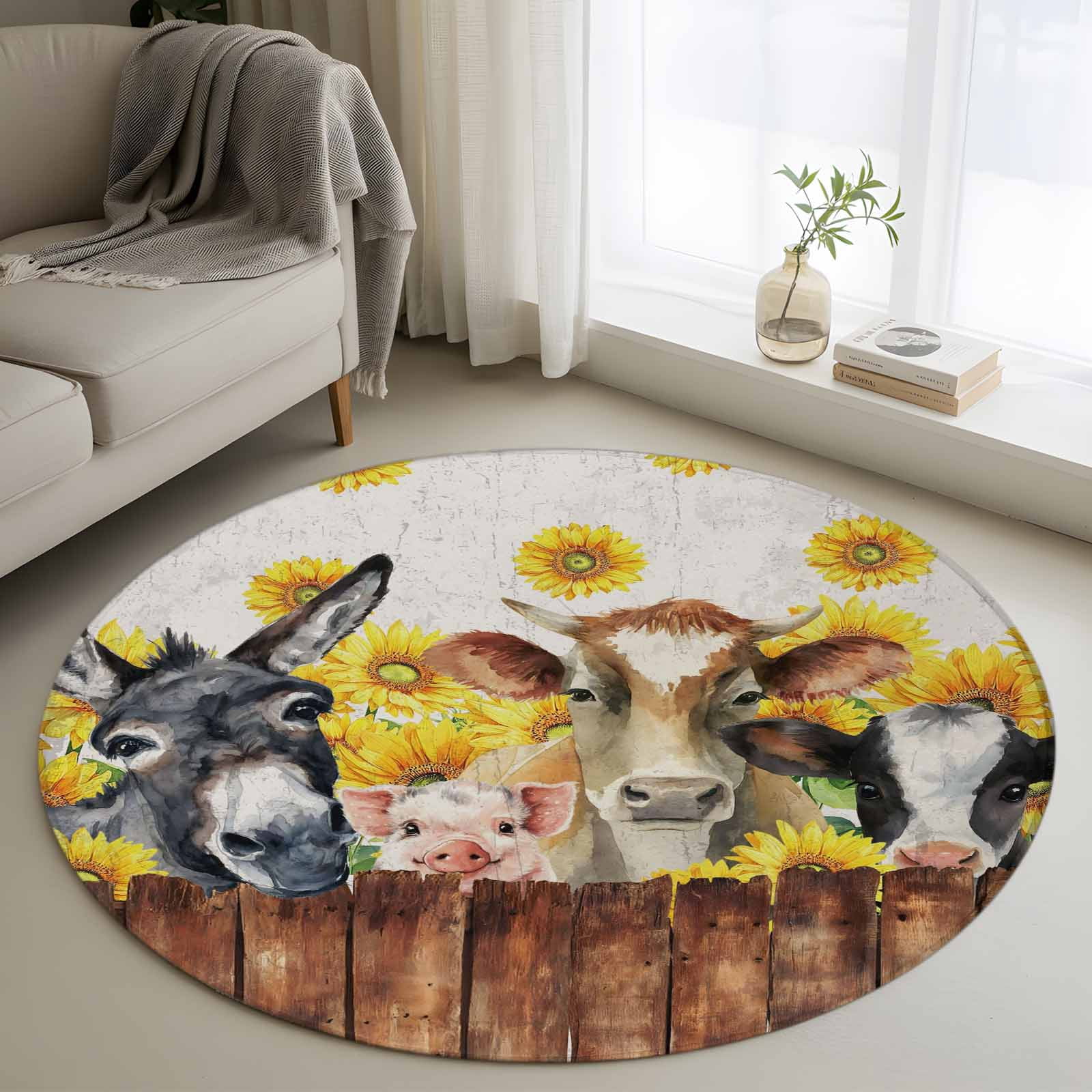Cute Farm Animals Round Area Rug 3Ft Washable Small Circle Rugs for ...
